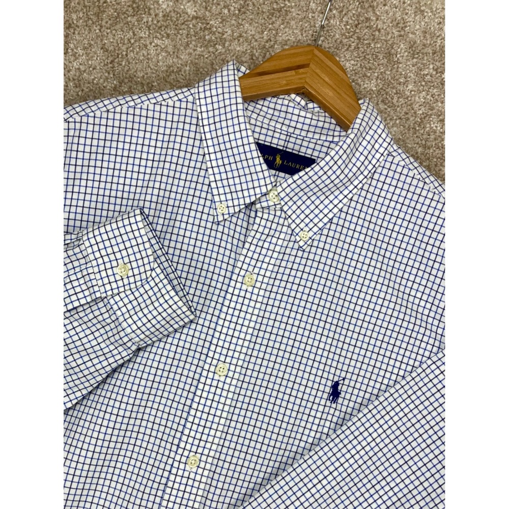 Ralph Lauren Windowpane Check Button Down Shirt Mens XL Blue White Long Sleeve